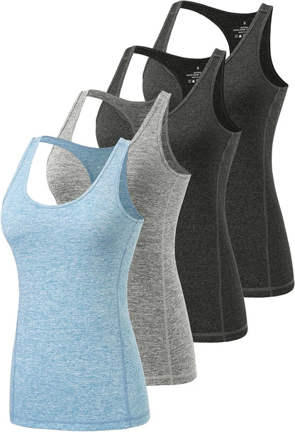 Workout Tank Tops for Women Racerback Athletic Tanks Running Exercise Gym Tank Top - 4 Packs Black/Black/Gray/Blue S