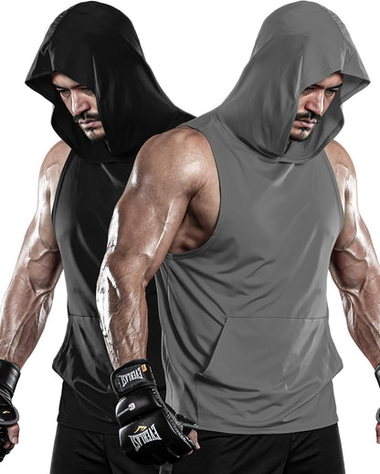 2 or 1 Pack Men'S Hooded Tank Tops Bodybuilding Muscle Cut off T Shirt Sleeveless Gym Training Hoodies Workout Dry